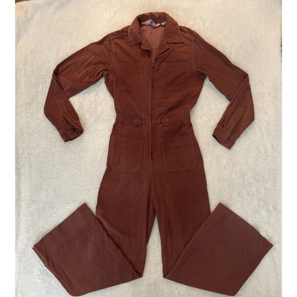 VTG Coverall Jumpsuit Womens M Corduroy Flare Wide Leg Groovy 70s Retro Brown - Picture 1 of 16